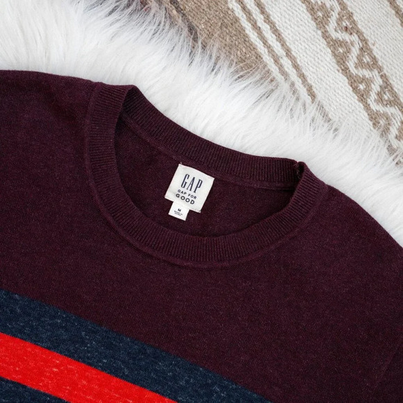 GAP FOR GOOD MAINSTAY SWEATER MENS SZ M BURGUNDY STRIPE CREWNECK CLASSIC - Picture 3 of 7
